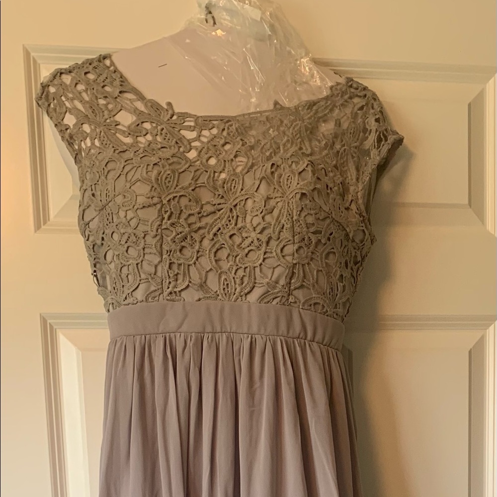 gray empire waist dress.